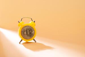 Concept deadline to invest in cryptocurrency showing alarm clock with a bitcoin as the clock face on beige background with shadows. Time to invest in bitcoin idea. photo