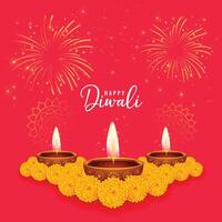 red happy diwali wishes card with marigold flower vector