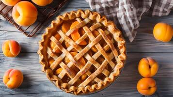 AI generated Apricot pie on grey wooden background top view photo