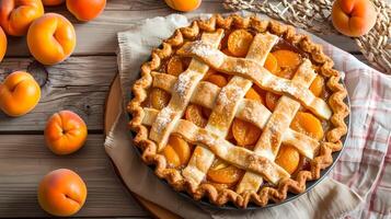 AI generated Apricot pie on grey wooden background top view photo