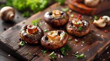 ai generado asado A la parrilla hongos con ajo y hierbas y servido en un de madera tablero foto