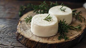 AI generated Suluguni cheese on a light wooden board. Decorated with greenery. Dark wooden background. photo