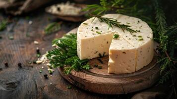 AI generated Suluguni cheese on a light wooden board. Decorated with greenery. Dark wooden background. photo