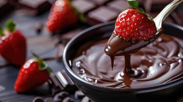 AI generated Fondue fork with strawberry in bowl of melted chocolate. photo