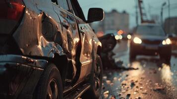 ai generado peligroso coche choque en la carretera suv choca con otro vehículo. foto