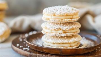 ai generado alfajores tradicional argentina dulce galletas en un mesa foto