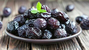 AI generated a pile of prunes on plate on a wooden table in the kitchen close-up photo