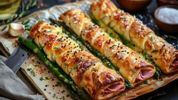 AI generated Baked green asparagus with ham and cheese in puff pastry sprinkled. photo