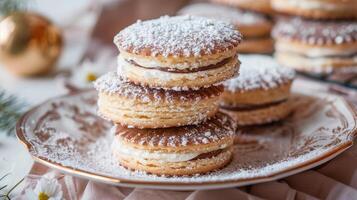 ai generado alfajores tradicional argentina dulce galletas en un mesa foto