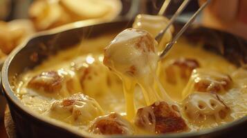 AI generated Delicious cheese fondue with dipping forks coated in melted cheese photo