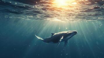AI generated A whale swimming from the deep sea to the surface, under the underwater light rays of the sun. photo