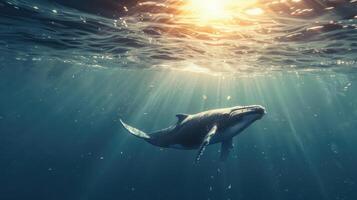 ai generado un ballena nadando desde el profundo mar a el superficie, debajo el submarino ligero rayos de el Dom. foto