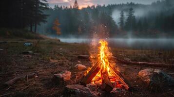 AI generated Bonfire in a camping site in a misty morning. photo