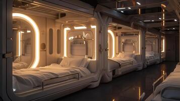 ai generado futurista cama espacio cápsula hotel foto