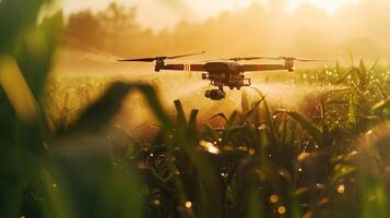 ai generado un agrícola zumbido moscas a rociar fertilizantes en el campos trabajo a puesta de sol foto