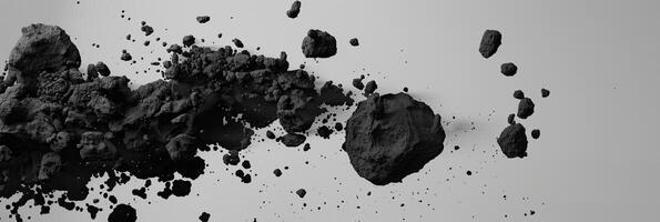 AI generated Abstract black dusty and rocks piles floating in the air photo