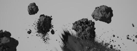 AI generated Abstract black dusty and rocks piles floating in the air photo