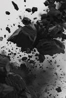 AI generated Abstract black dusty and rocks piles floating in the air photo