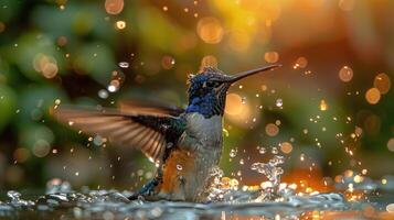 ai generado un muy hermosa colibrí cerca el río foto