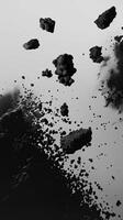 AI generated Abstract black dusty and rocks piles floating in the air photo