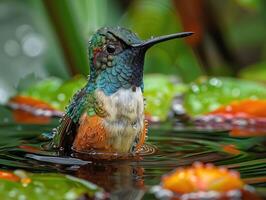 ai generado un muy hermosa colibrí cerca el río foto