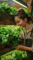 AI generated female farmer picking cos lettuce from a wooden vegetable container photo