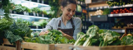 AI generated female farmer picking cos lettuce from a wooden vegetable container photo