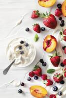 AI generated background with yogurt, strawberries, peaches and blueberries photo