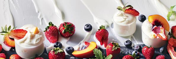 AI generated background with yogurt, strawberries, peaches and blueberries photo
