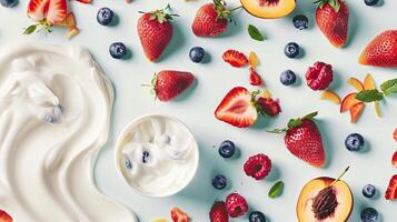 AI generated background with yogurt, strawberries, peaches and blueberries photo