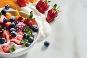 AI generated background with yogurt, strawberries, peaches and blueberries photo