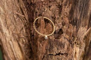 gold ring with diamond close-up on a background of a log tree with a texture close-up. photo