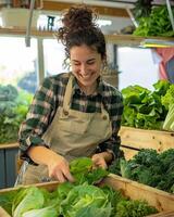 AI generated female farmer picking cos lettuce from a wooden vegetable container photo