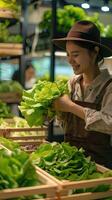 AI generated female farmer picking cos lettuce from a wooden vegetable container photo