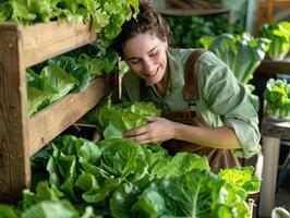 ai generado hembra granjero cosecha cos lechuga desde un de madera vegetal envase foto