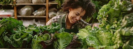 ai generado hembra granjero cosecha cos lechuga desde un de madera vegetal envase foto