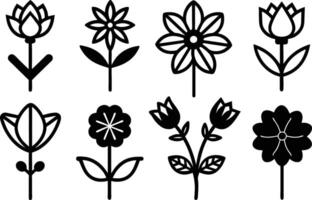 Set of black Simple Line Art of Flower Icons Collection on white background vector