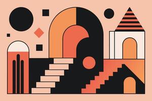 Surreal geometric shapes. Abstract vector elements and signs in trendy minimal outline style. Arch, stairs, column etc