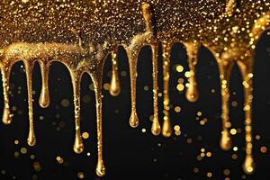 AI generated gold glitter paint dripping on black background photo