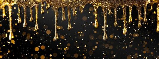 AI generated gold glitter paint dripping on black background photo