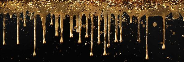 AI generated gold glitter paint dripping on black background photo