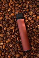 Coffee beans background and E-cigarette. Coffee flavored vape juice concept photo