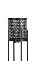 Black tall metal openwork planter on a stand, flower pot isolated photo