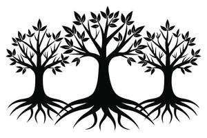 Black Trees with roots set isolated on white background vector