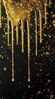 AI generated gold glitter paint dripping on black background photo