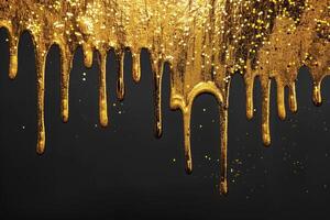 AI generated gold glitter paint dripping on black background photo