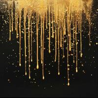 AI generated gold glitter paint dripping on black background photo