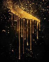 AI generated gold glitter paint dripping on black background photo