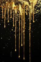 AI generated gold glitter paint dripping on black background photo