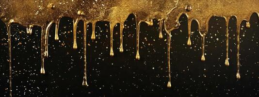 AI generated gold glitter paint dripping on black background photo